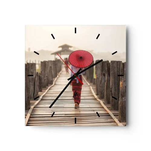 Horloge murale - Pendule murale - Une femme avec un parapluie rouge sur un pont en bois - 30x30cm - Sur le vieux pont - Décoration murale moderne pour le salon et la chambre ARTTOR