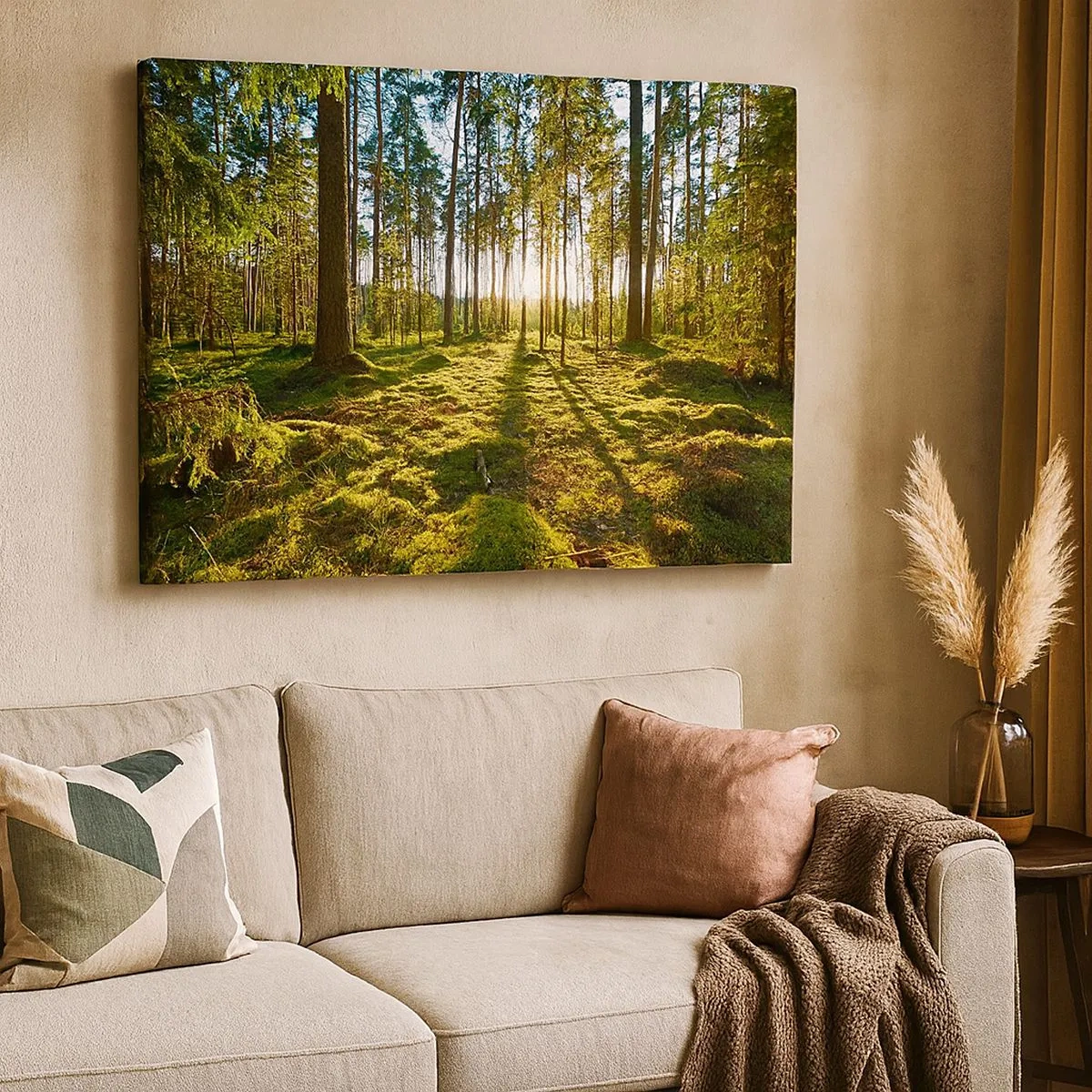 Impression sur toile - Image sur toile - Forêt verte illuminée par la lumière du soleil sur la mousse - 70x50cm - … Derrière les sept forêts - Décoration murale moderne pour le salon et la chambre ARTTOR