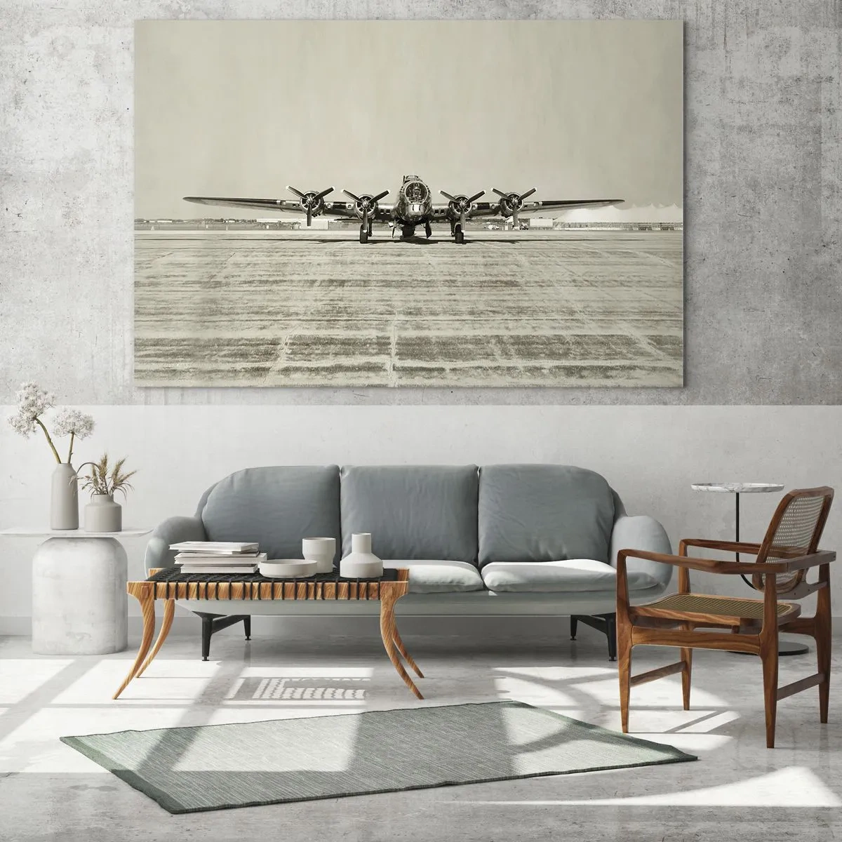 Impression sur verre - Image sur verre - Avion historique à l'aéroport en style sépia - 120x80cm - Toujours prêt! - Décoration murale moderne pour le salon et la chambre ARTTOR