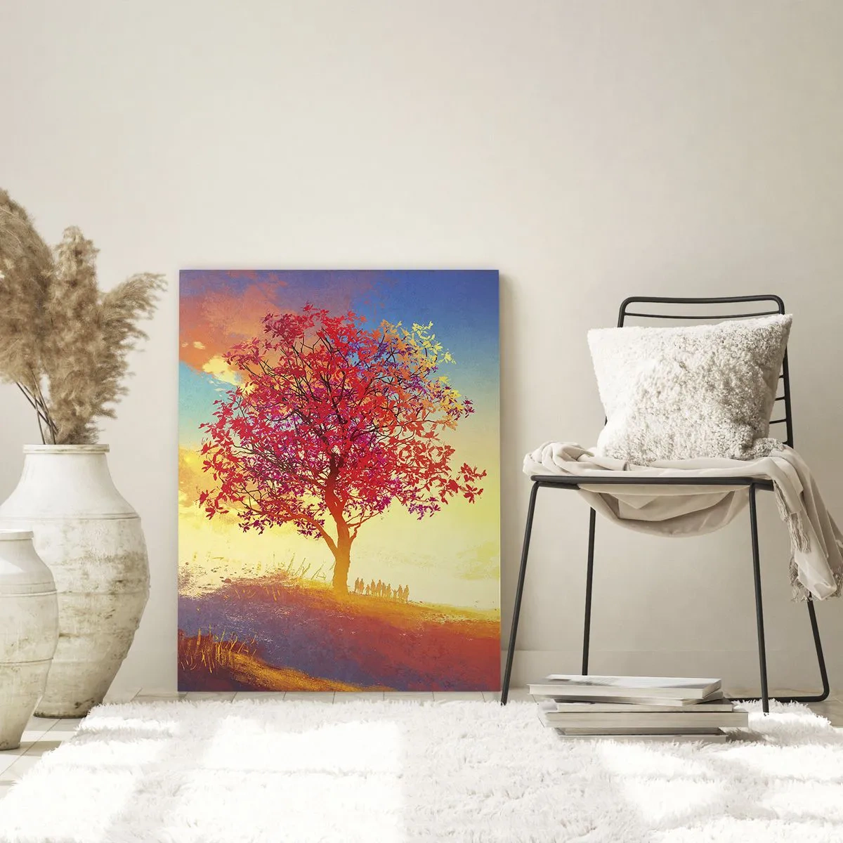 Impression sur verre - Image sur verre - Une silhouette sur une colline à côté d'un arbre coloré à la lumière du soleil couchant - 70x100cm - Pèlerin à destination - Décoration murale moderne pour le salon et la chambre ARTTOR