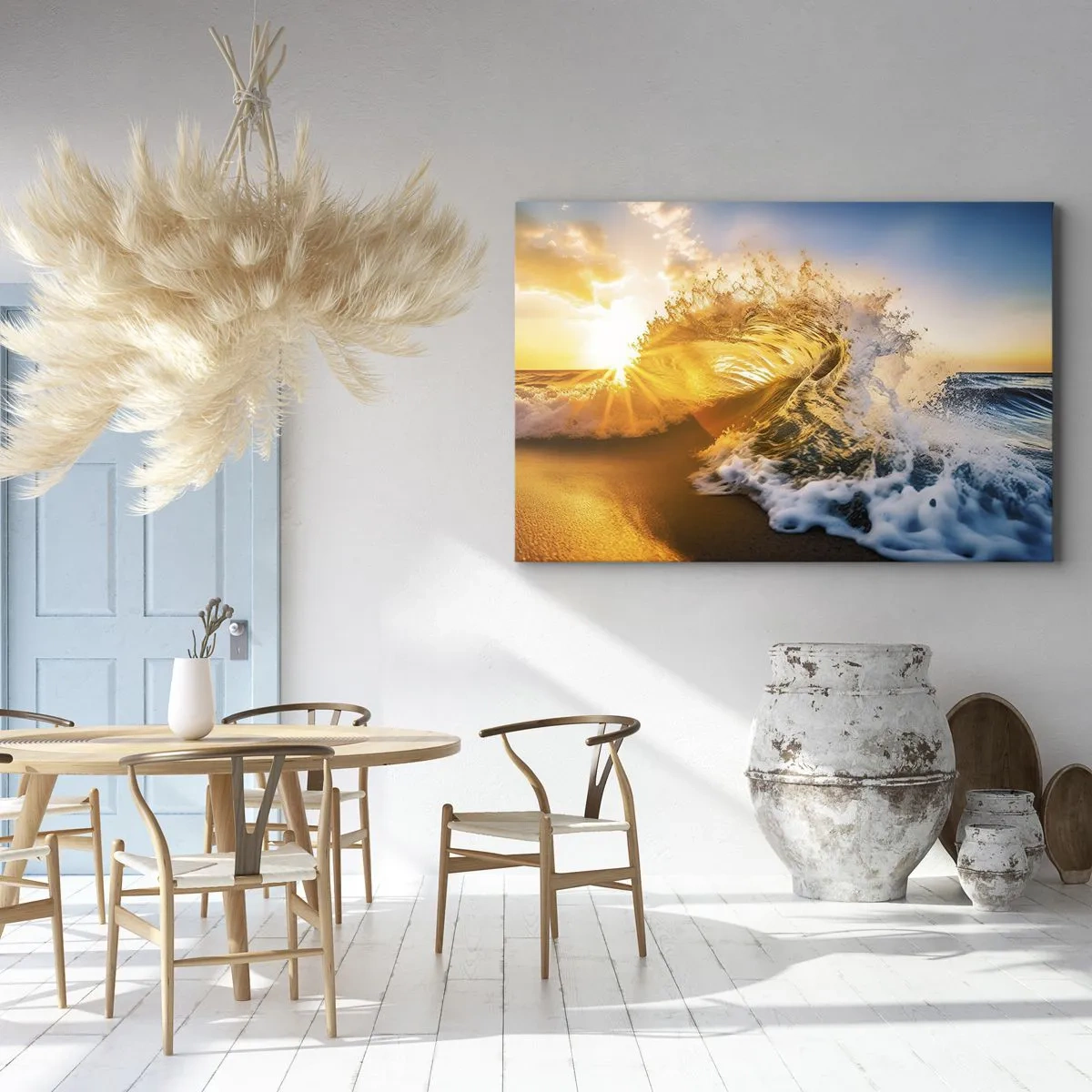 Impression sur toile - Image sur toile - Une vague dorée sur fond de soleil couchant - 100x70cm - S'amuser dans le sable - Décoration murale moderne pour le salon et la chambre ARTTOR