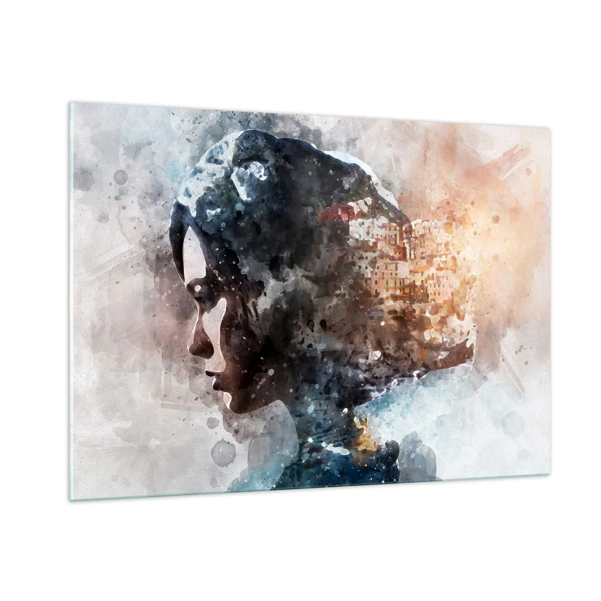 Impression sur verre - Image sur verre - Un profil de femme de style aquarelle avec une ville en arrière-plan. - 100x70cm - L'histoire d'une fille avec une ville en arrière-plan - Décoration murale moderne pour le salon et la chambre ARTTOR