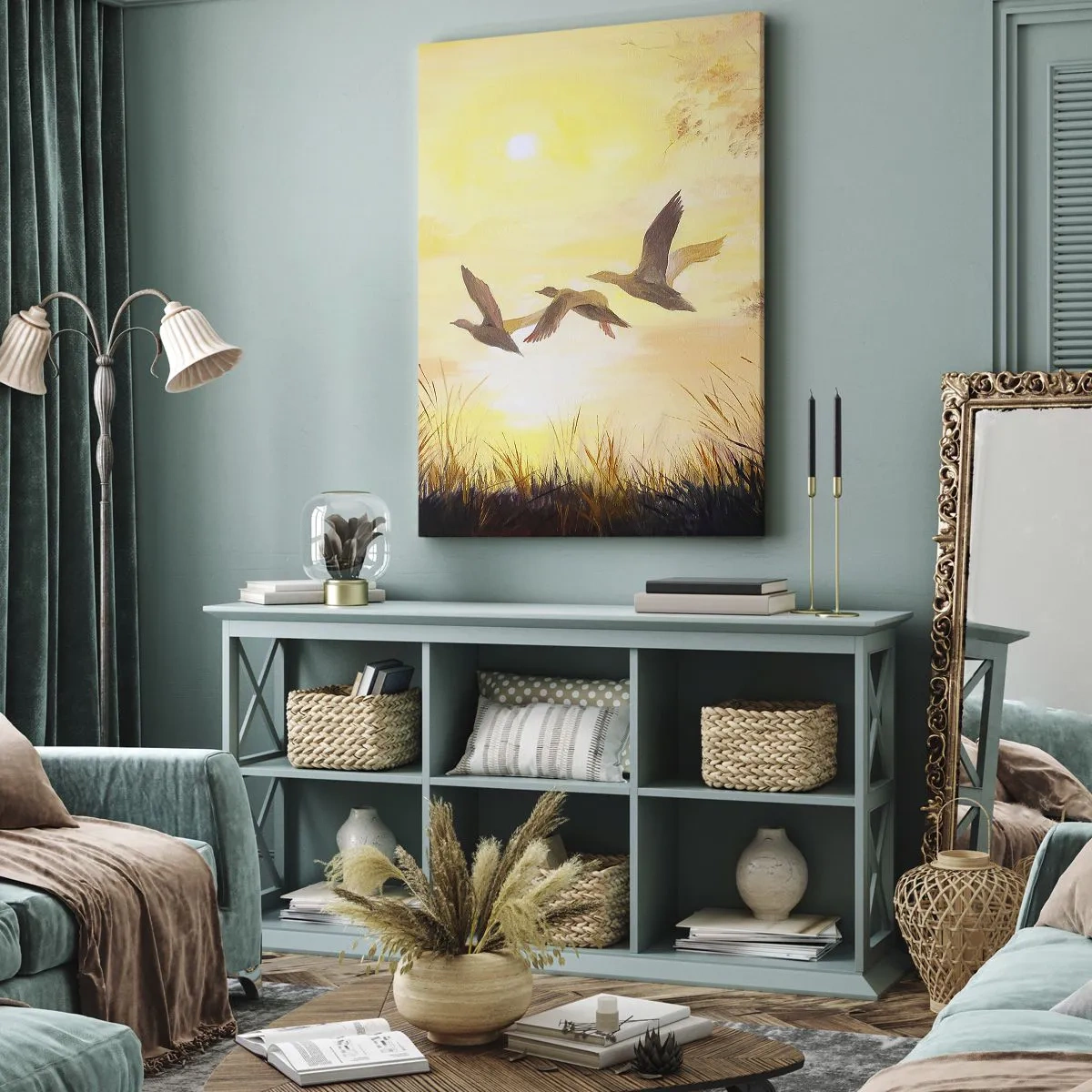 Impression sur toile - Image sur toile - Canards volant au lever du soleil au-dessus du lac - 80x120cm - Le début d'un long voyage - Décoration murale moderne pour le salon et la chambre ARTTOR