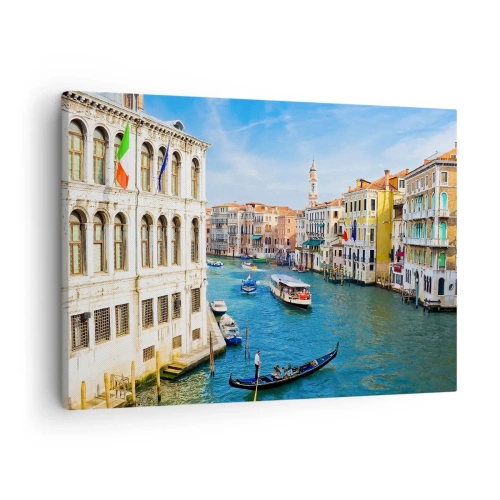 Impression sur toile - Image sur toile - Un canal vénitien avec une gondole et des bâtiments colorés - 70x50cm - Trafic de rue unique au monde - Décoration murale moderne pour le salon et la chambre ARTTOR