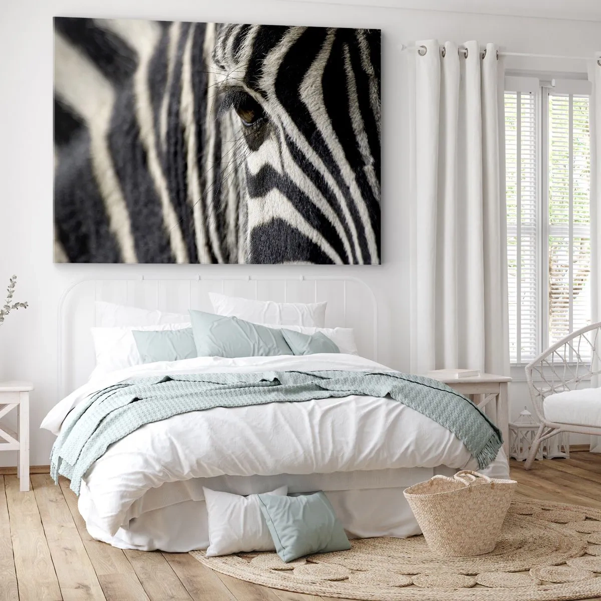 Impression sur toile - Image sur toile - Gros plan de l'œil d'un zèbre avec des rayures noires et blanches - 70x50cm - Portrait en rayure - Décoration murale moderne pour le salon et la chambre ARTTOR