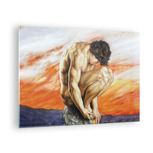 Impression sur verre - Image sur verre - Un corps humain nu contre un ciel orange intense. - 70x50cm - Plongé dans ses pensées - Décoration murale moderne pour le salon et la chambre ARTTOR