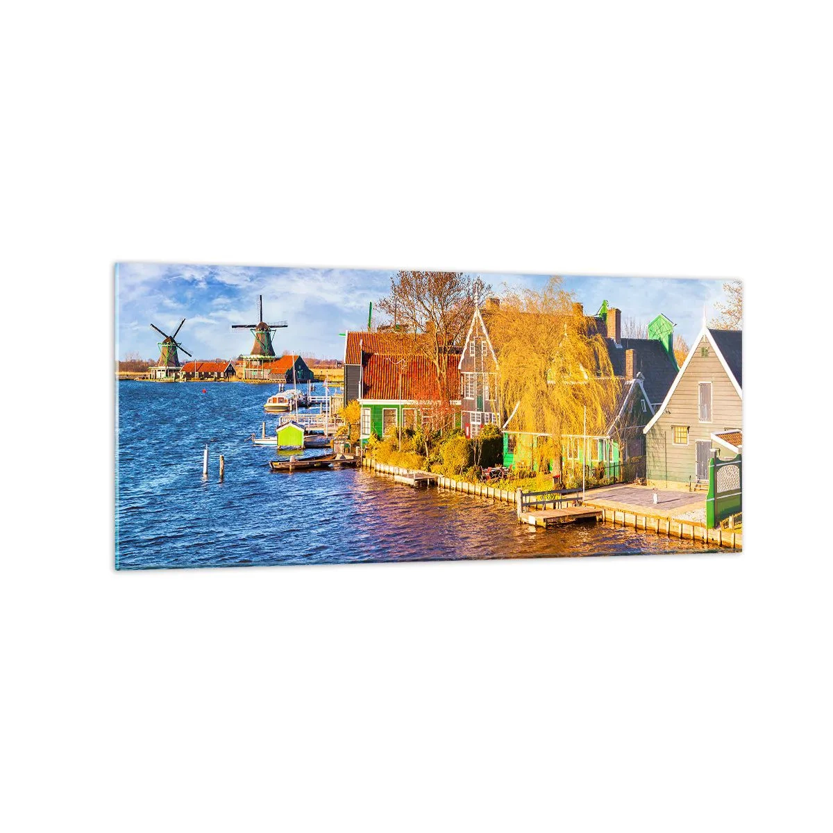 Impression sur verre - Image sur verre - Maisons pittoresques et moulins à vent au bord de l'eau - 120x50cm - C'est pareil depuis des lustres - Décoration murale moderne pour le salon et la chambre ARTTOR