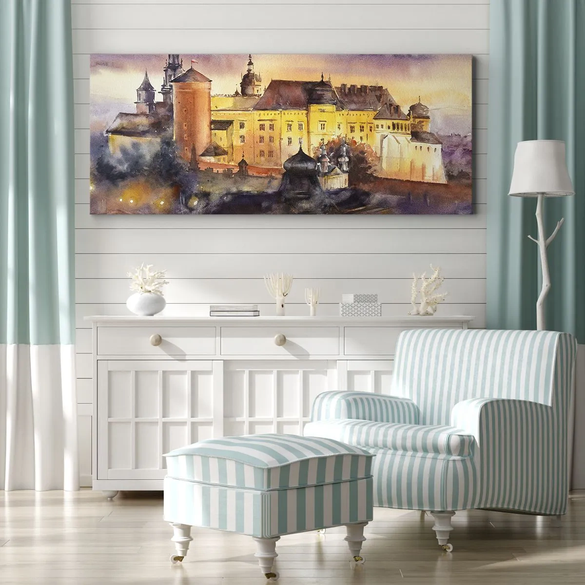 Impression sur toile - Image sur toile - Une aquarelle pittoresque d'un château au coucher du soleil - 160x50cm - Histoire et conte de fées - Décoration murale moderne pour le salon et la chambre ARTTOR