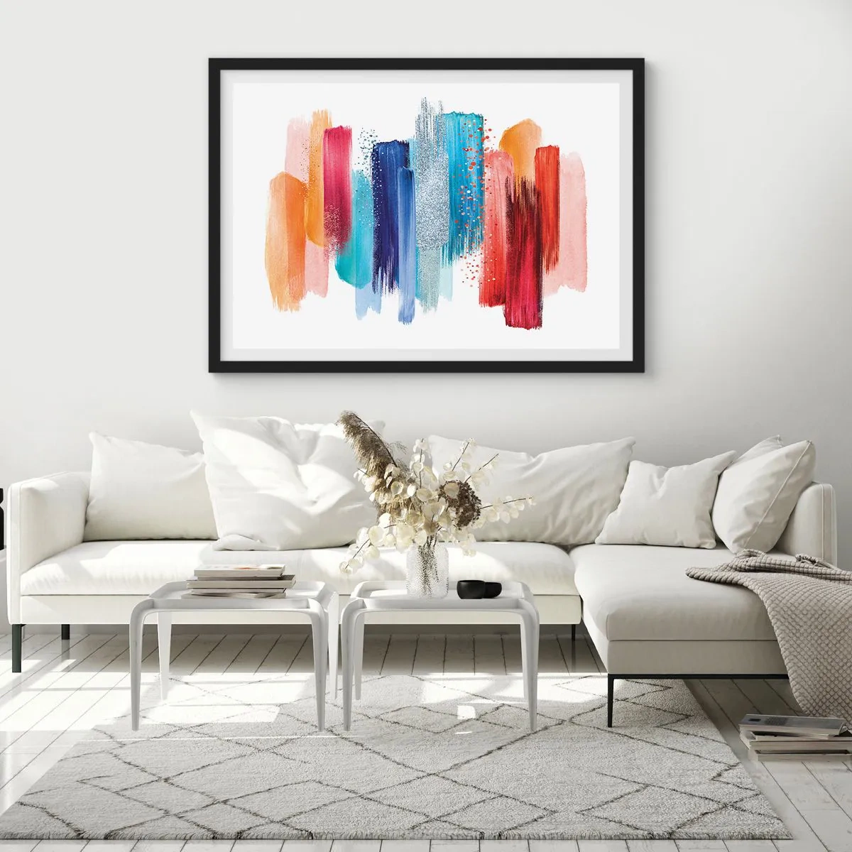 Affiche dans un cadre noir - Poster - Coups de pinceau colorés sur fond blanc - 100x70cm - En haut et en bas - Décoration murale moderne pour le salon et la chambre ARTTOR