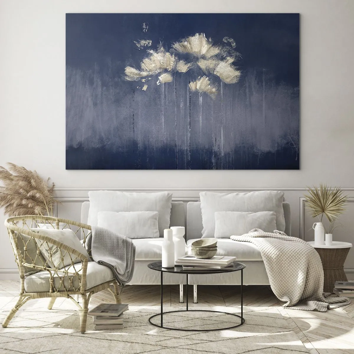 Impression sur verre - Image sur verre - Composition florale abstraite dorée sur fond bleu marine - 100x70cm - Comme des pétales au vent - Décoration murale moderne pour le salon et la chambre ARTTOR