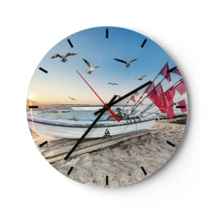 Horloge murale - Pendule murale - Bateau de pêche sur la plage au coucher du soleil avec des mouettes en vol - 30x30cm - Repos mérité - Décoration murale moderne pour le salon, la cuisine et la chambre ARTTOR
