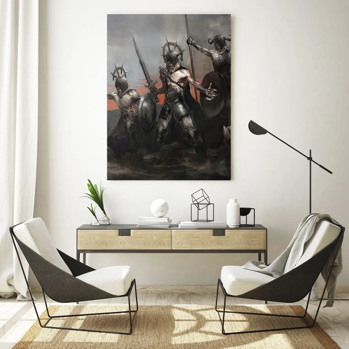 Impression sur verre - Image sur verre - Guerriers avec des lances et des boucliers contre le ciel rouge - 50x70cm - Avec ou sur un bouclier - Décoration murale moderne pour le salon et la chambre ARTTOR