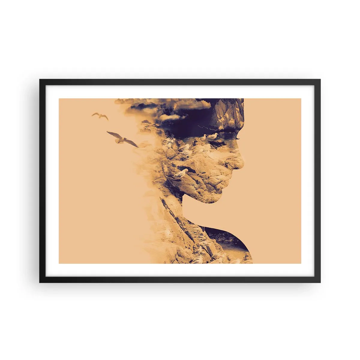 Affiche dans un cadre noir - Poster - Profil d'une femme avec la nature en arrière-plan dans des tons chauds - 70x50cm - Beauté de la nature - Décoration murale moderne pour le salon et la chambre ARTTOR