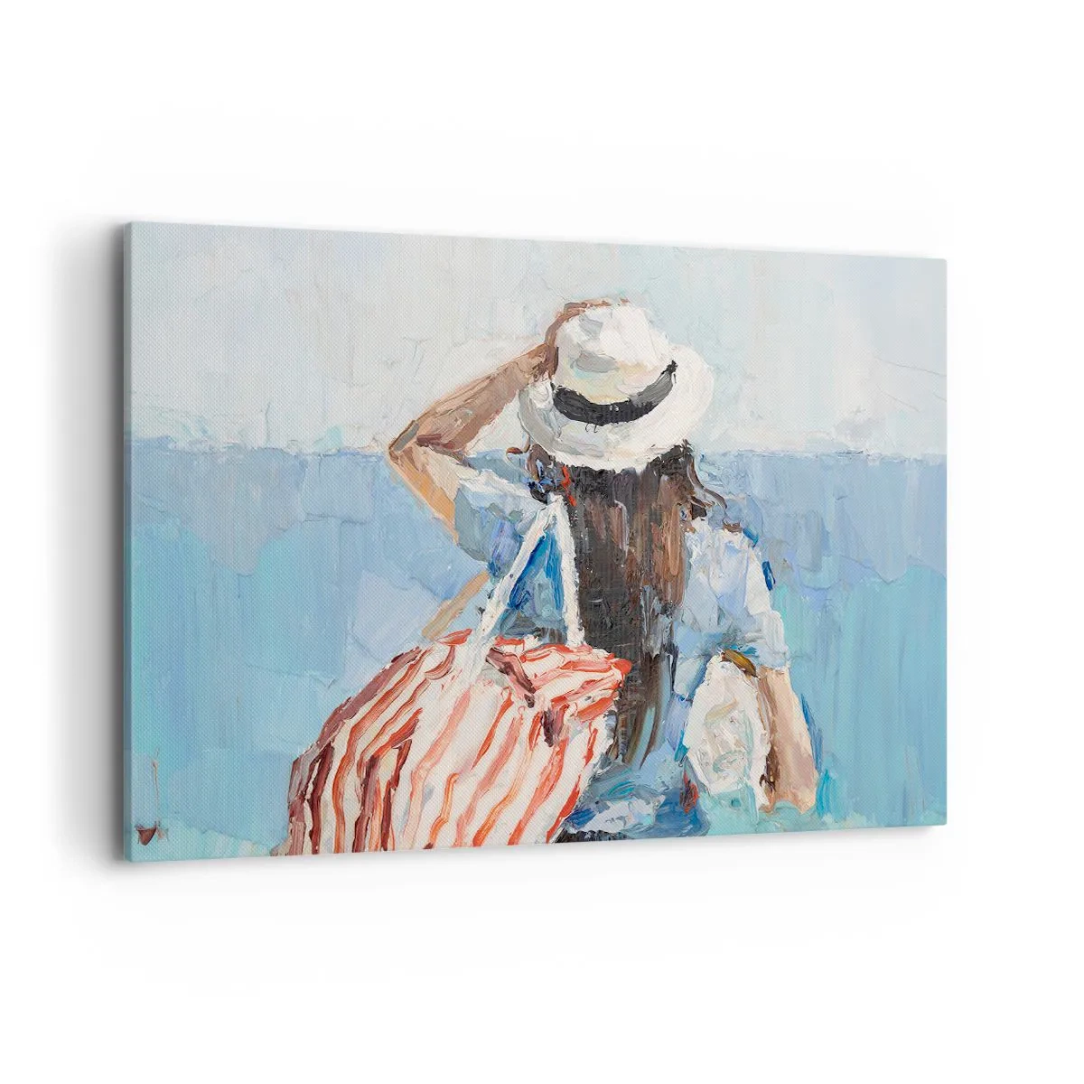 Impression sur toile - Image sur toile - Une femme avec un chapeau contre la mer bleue - 120x80cm - Bienvenue à vos vacances - Décoration murale moderne pour le salon et la chambre ARTTOR