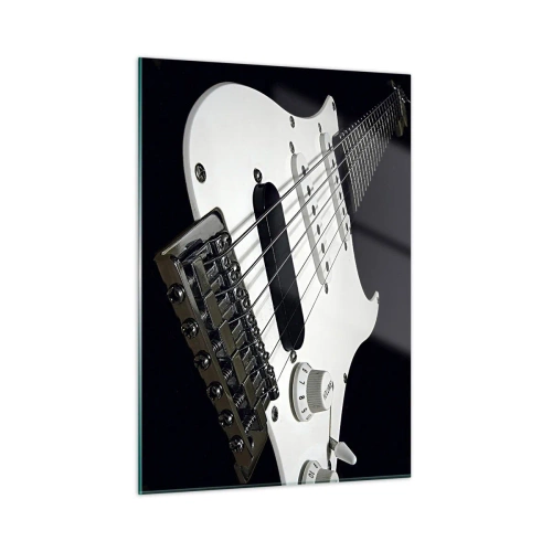 Impression sur verre - Image sur verre - Gros plan d'une guitare électrique blanche sur un fond sombre - 50x70cm - Son caché en blanc - Décoration murale moderne pour le salon et la chambre ARTTOR