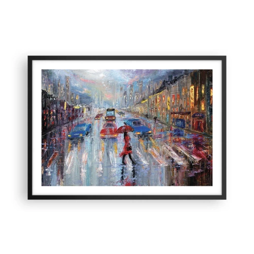 Affiche dans un cadre noir - Poster - Une femme avec un parapluie dans une rue pluvieuse à la lumière du néon. - 70x50cm - Après-midi pluvieux en ville - Décoration murale moderne pour le salon et la chambre ARTTOR