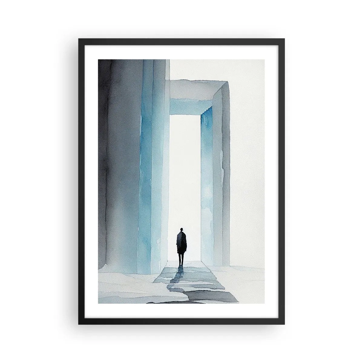 Affiche dans un cadre noir - Poster - Une silhouette traversant une porte bleue, symbolisant la liberté et les possibilités illimitées - 50x70cm - Vivez sans limites - Décoration murale moderne pour le salon et la chambre ARTTOR