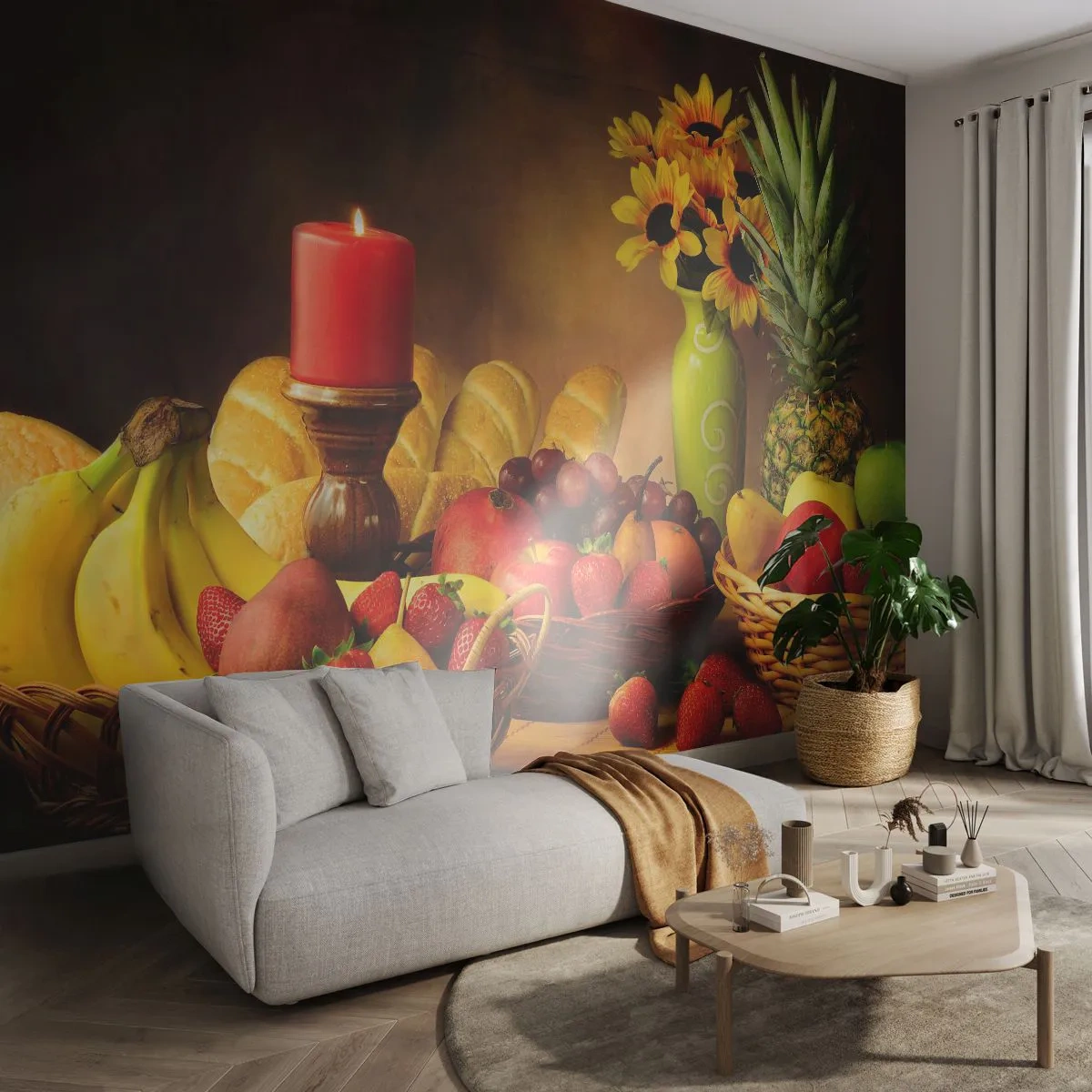 Papier Peint Photo Premium Sand - Nature morte de pain et de fruits - La gastronomie, Fleurs, Fruit - 350x256 cm