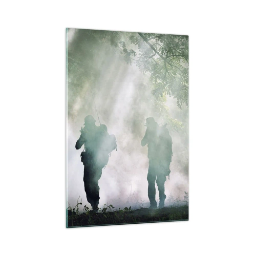 Impression sur verre - Image sur verre - Silhouettes de soldats dans une forêt entourée de brouillard - 70x100cm - Un pour tous… - Décoration murale moderne pour le salon et la chambre ARTTOR