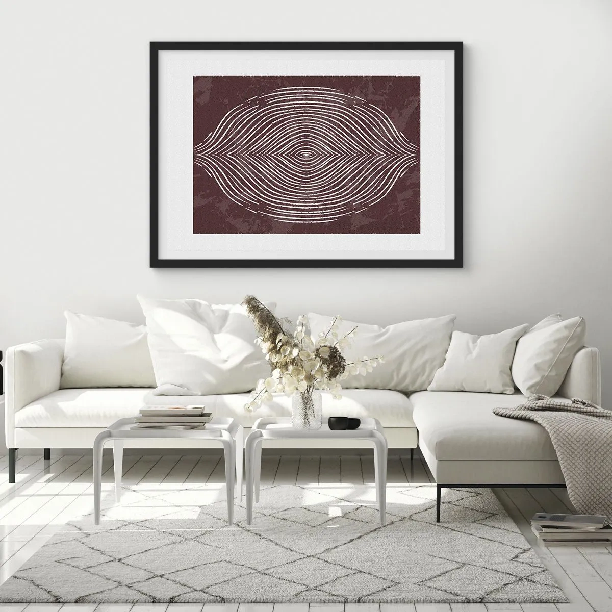 Affiche dans un cadre noir - Poster - Ondes symétriques en lignes blanches sur fond marron - 70x50cm - L'espace parle - Décoration murale moderne pour le salon et la chambre ARTTOR