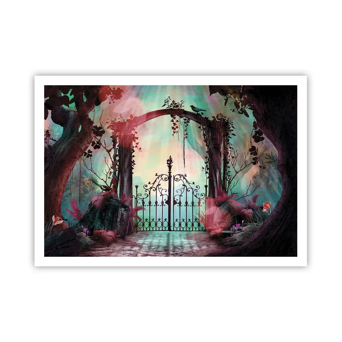 Affiche - Poster - Une entrée magique avec un portail en fer forgé entouré d'une végétation mystérieuse - 100x70cm - Jardin secret - Décoration murale moderne pour le salon et la chambre ARTTOR