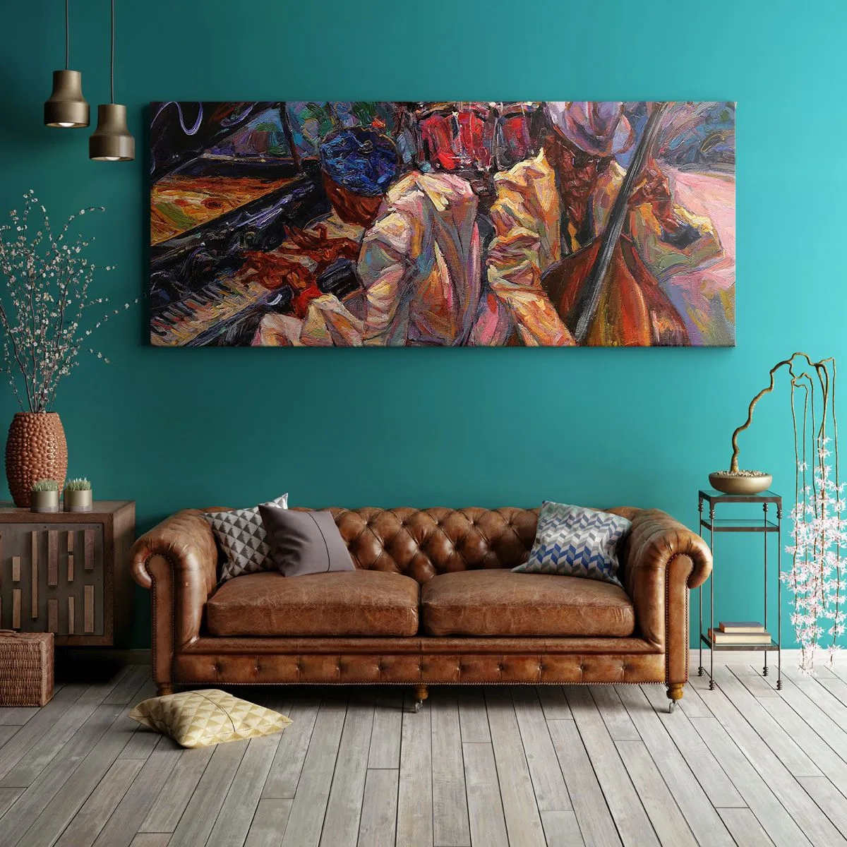Impression sur toile - Image sur toile - Scène de jazz énergique avec musiciens et instruments - 160x50cm - Dans le même tempo - Décoration murale moderne pour le salon et la chambre ARTTOR