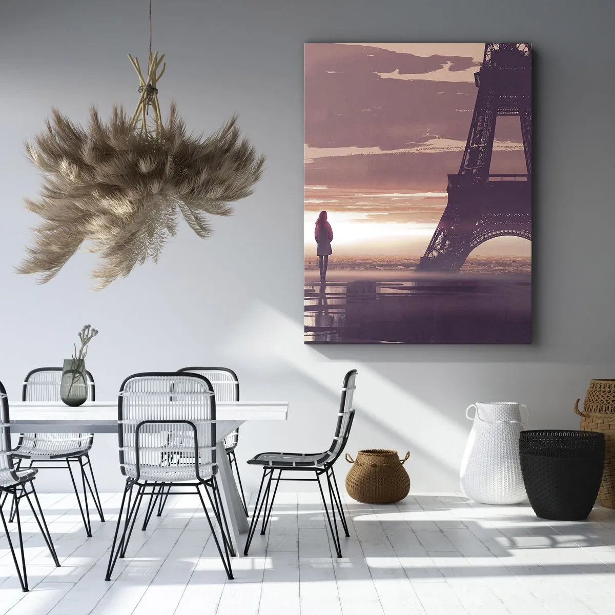 Impression sur toile - Image sur toile - Une silhouette regardant la Tour Eiffel à la lumière du soleil couchant - 70x100cm - Seulement deux d'entre eux - Décoration murale moderne pour le salon et la chambre ARTTOR