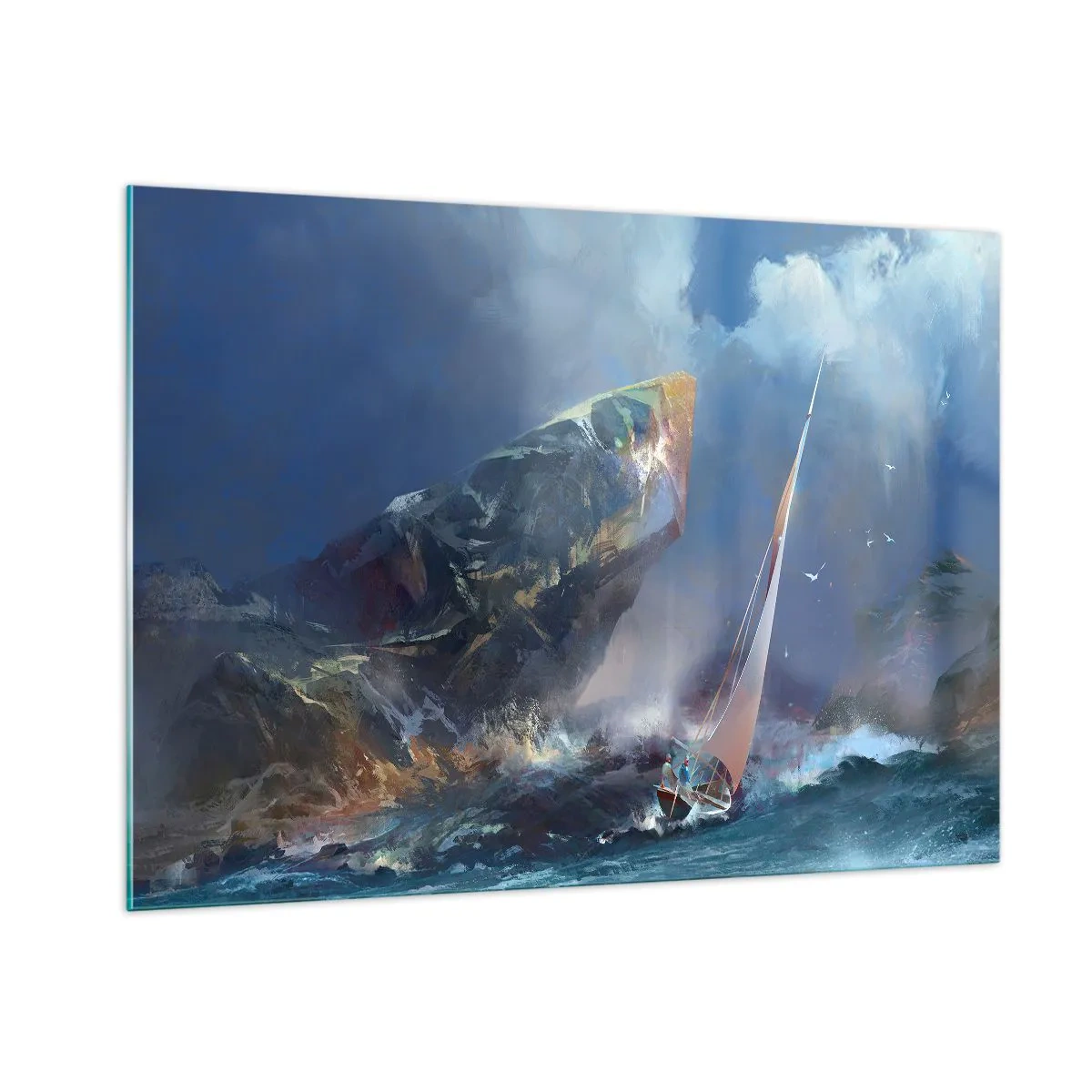 Impression sur verre - Image sur verre - Un voilier dans une tempête au large d'une côte rocheuse - 100x70cm - Celui qui est courageux, gagne - Décoration murale moderne pour le salon et la chambre ARTTOR