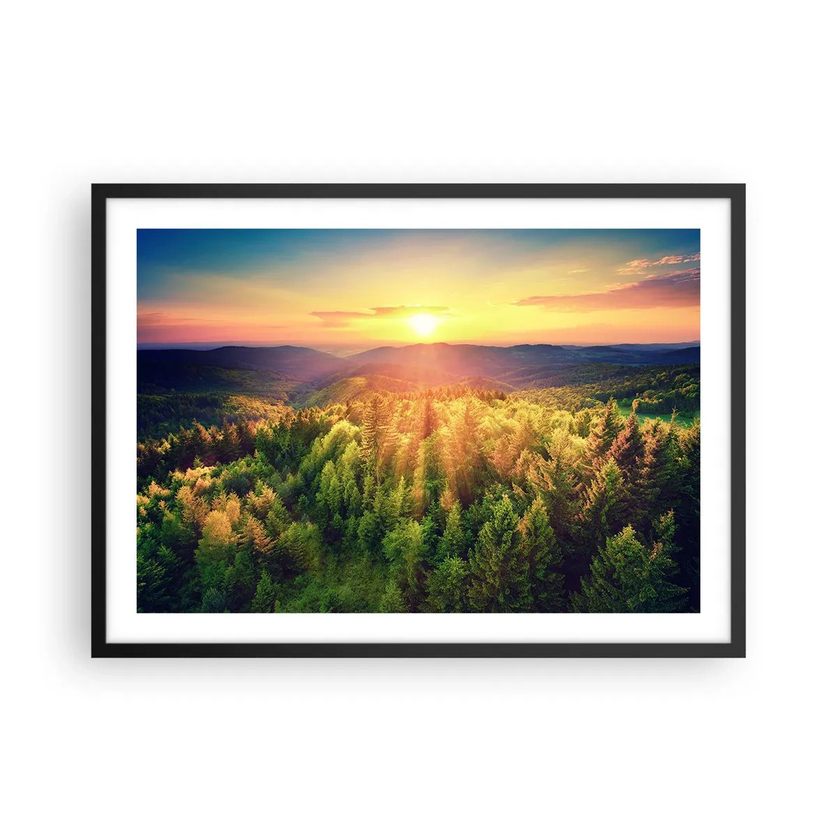 Affiche dans un cadre noir - Poster - Paysage forestier avec coucher de soleil sur les collines - 70x50cm - Monts et sommets - Décoration murale moderne pour le salon et la chambre ARTTOR