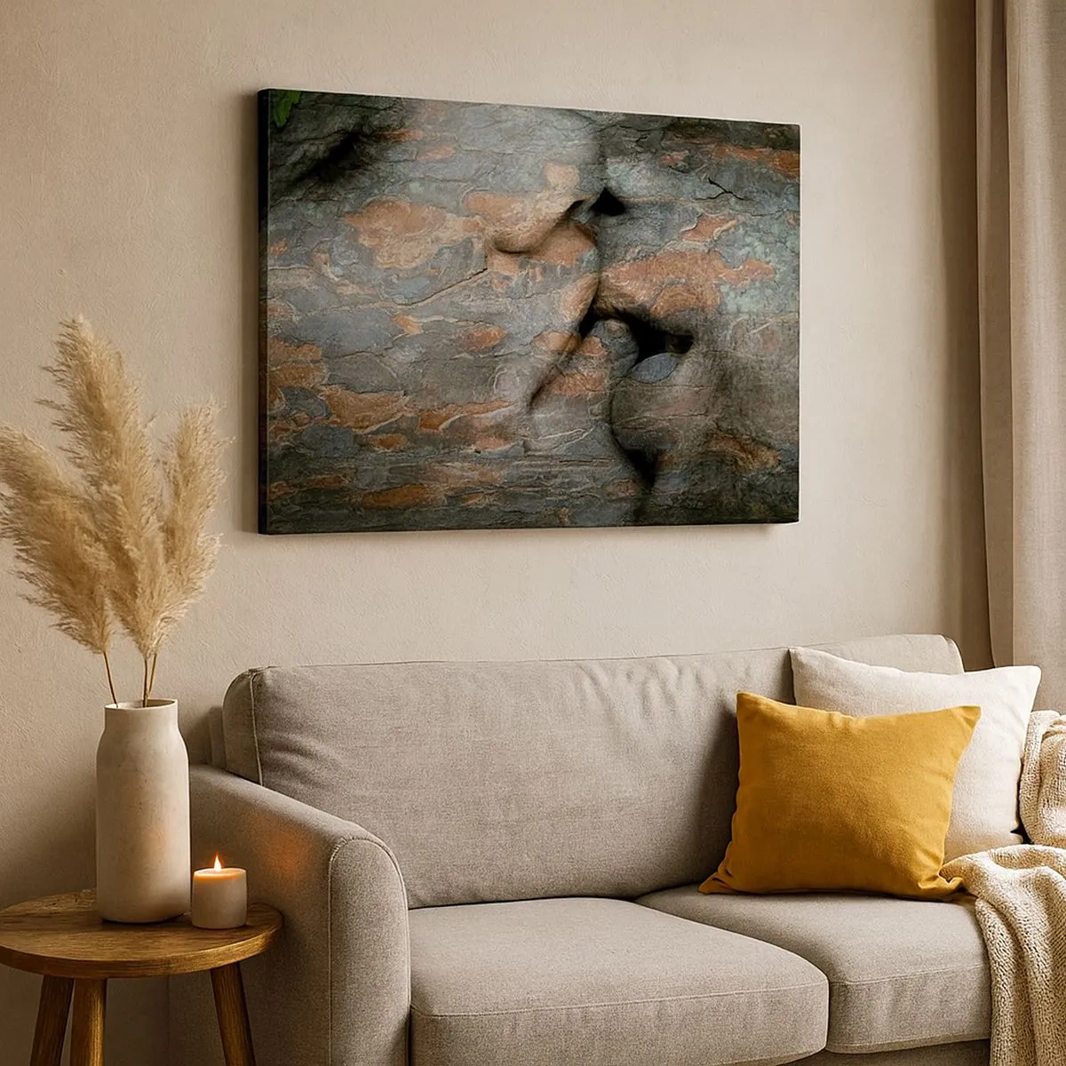 Impression sur toile - Image sur toile - Un motif artistique d'un visage sculpté dans la roche avec un effet de texture naturelle. - 70x50cm - Ensemble pour toujours - Décoration murale moderne pour le salon et la chambre ARTTOR
