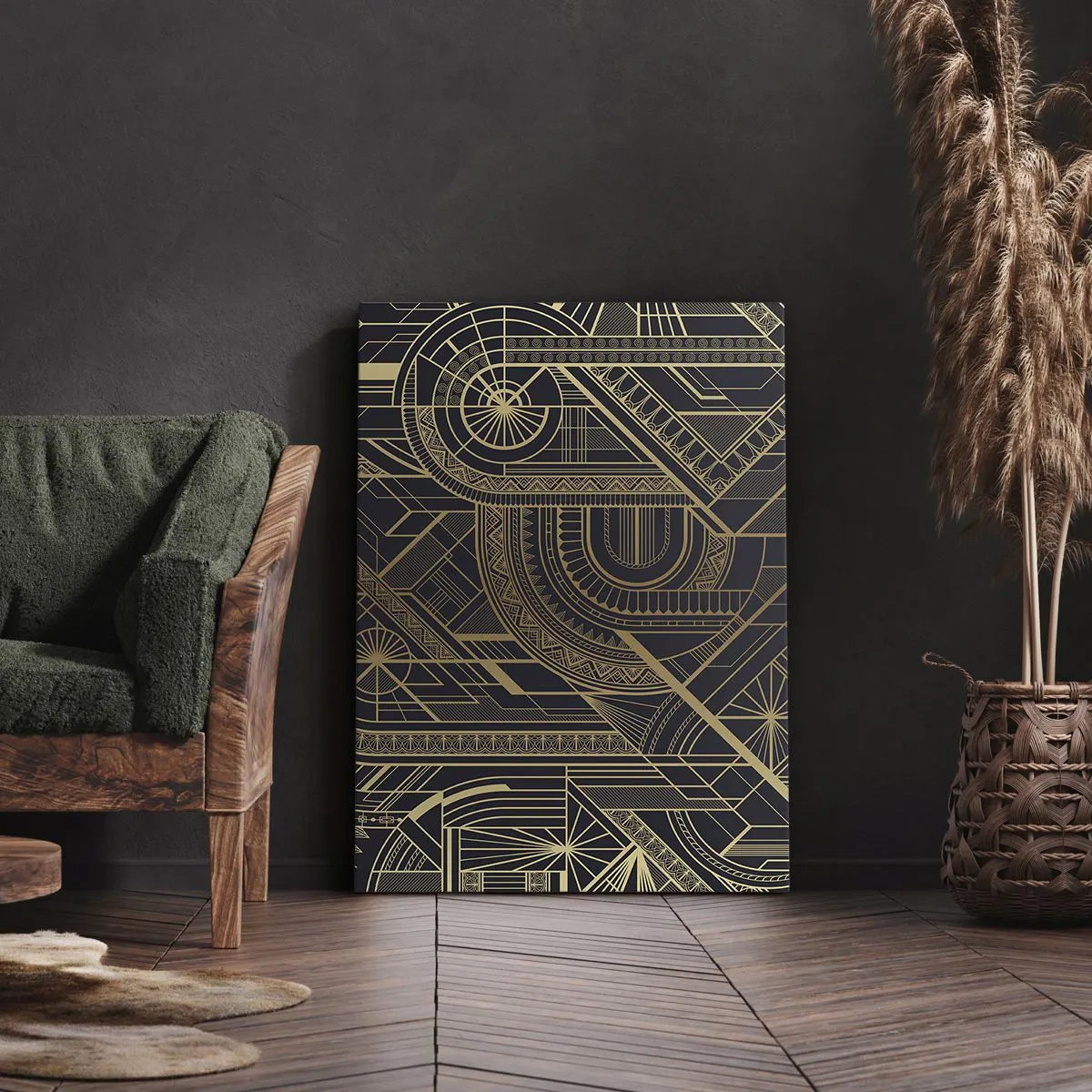 Impression sur toile - Image sur toile - Motifs géométriques dorés sur fond noir dans le style Art Déco - 50x70cm - Concept, idée, plan - Décoration murale moderne pour le salon et la chambre ARTTOR