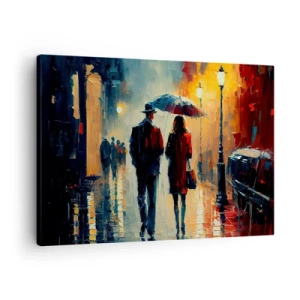 Impression sur toile - Image sur toile - Marcher sous la pluie sous un parapluie en ville la nuit - 70x50cm - Histoire d'amour urbaine - Décoration murale moderne pour le salon et la chambre ARTTOR
