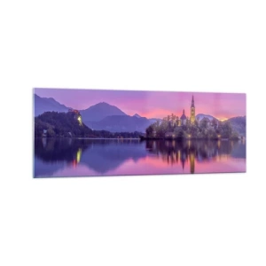 Impression sur verre - Image sur verre - Lac avec une île et une église au coucher du soleil - 140x50cm - Une île de conte de fées au crépuscule - Décoration murale moderne pour le salon et la chambre ARTTOR