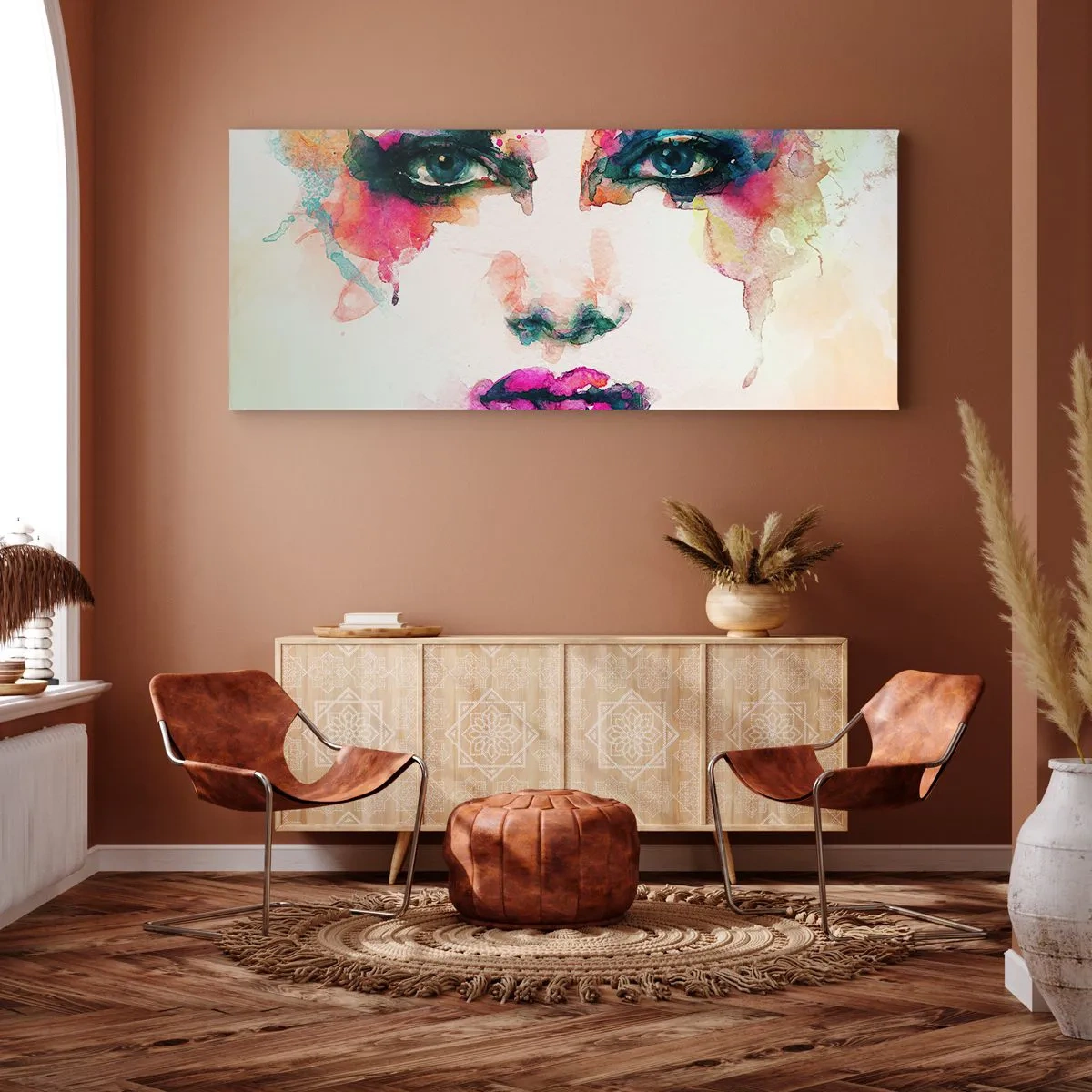 Impression sur toile - Image sur toile - Portrait abstrait d'une femme aux couleurs intenses - 140x50cm - Un portrait peint avec un arc-en-ciel - Décoration murale moderne pour le salon et la chambre ARTTOR