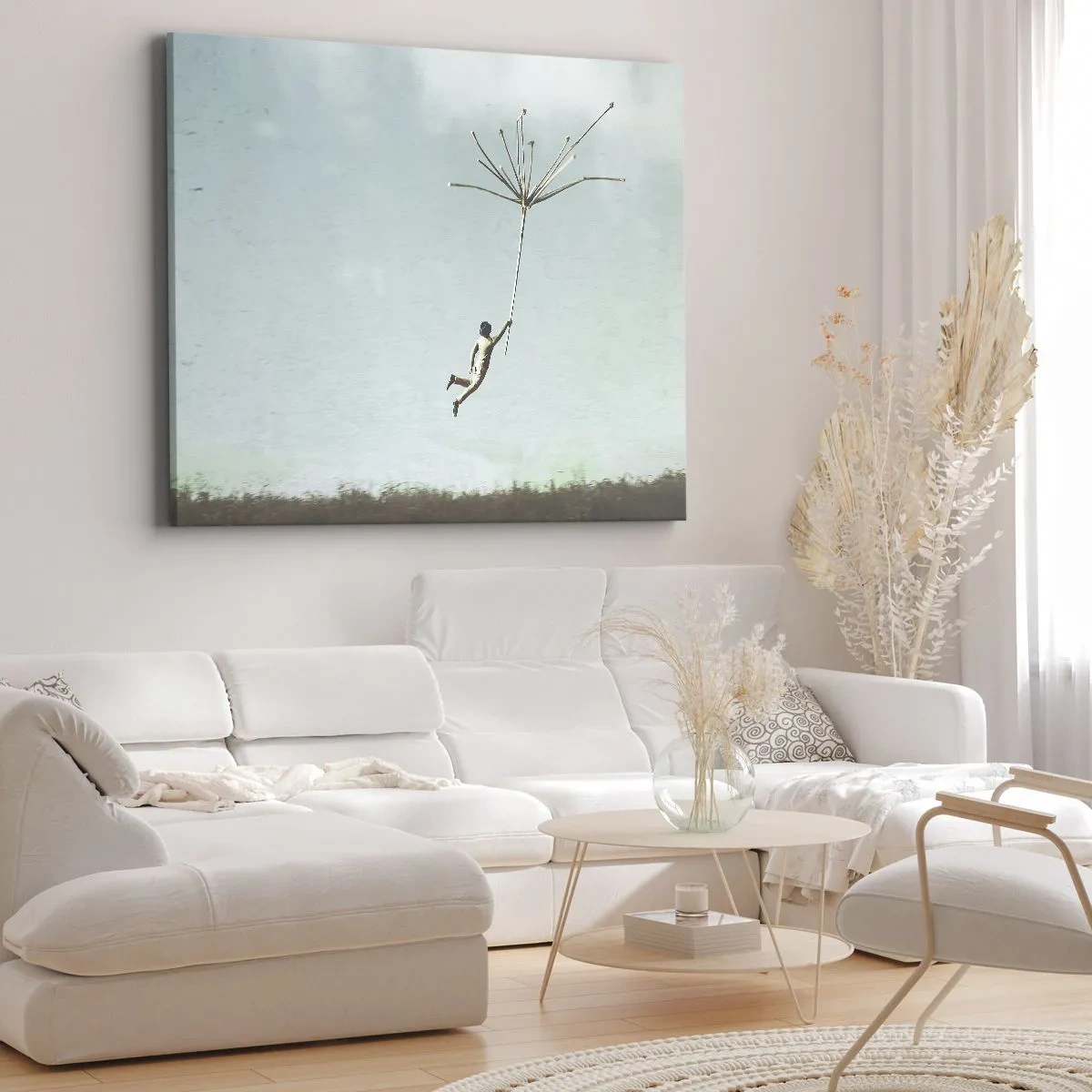 Impression sur toile - Image sur toile - Une silhouette soulevée par une grosse graine de pissenlit - 120x80cm - Cerfs-volants, pissenlits, vent - Décoration murale moderne pour le salon et la chambre ARTTOR