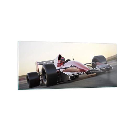 Impression sur verre - Image sur verre - Une voiture de Formule 1 rouge sur une piste de course en conduisant - 120x50cm - Toujours gagnant - Décoration murale moderne pour le salon et la chambre ARTTOR