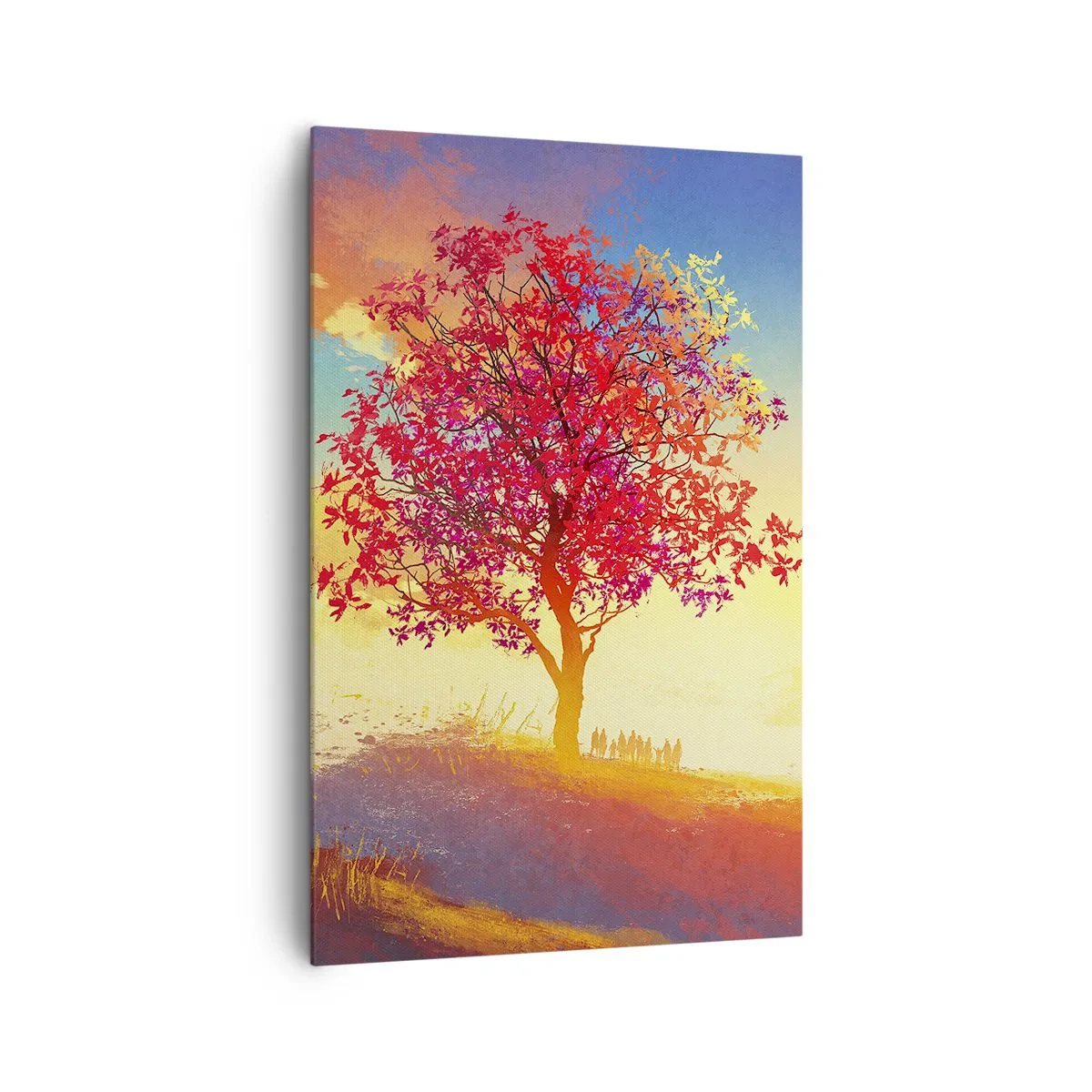 Impression sur toile - Image sur toile - Une silhouette sur une colline à côté d'un arbre coloré à la lumière du soleil couchant - 80x120cm - Pèlerin à destination - Décoration murale moderne pour le salon et la chambre ARTTOR