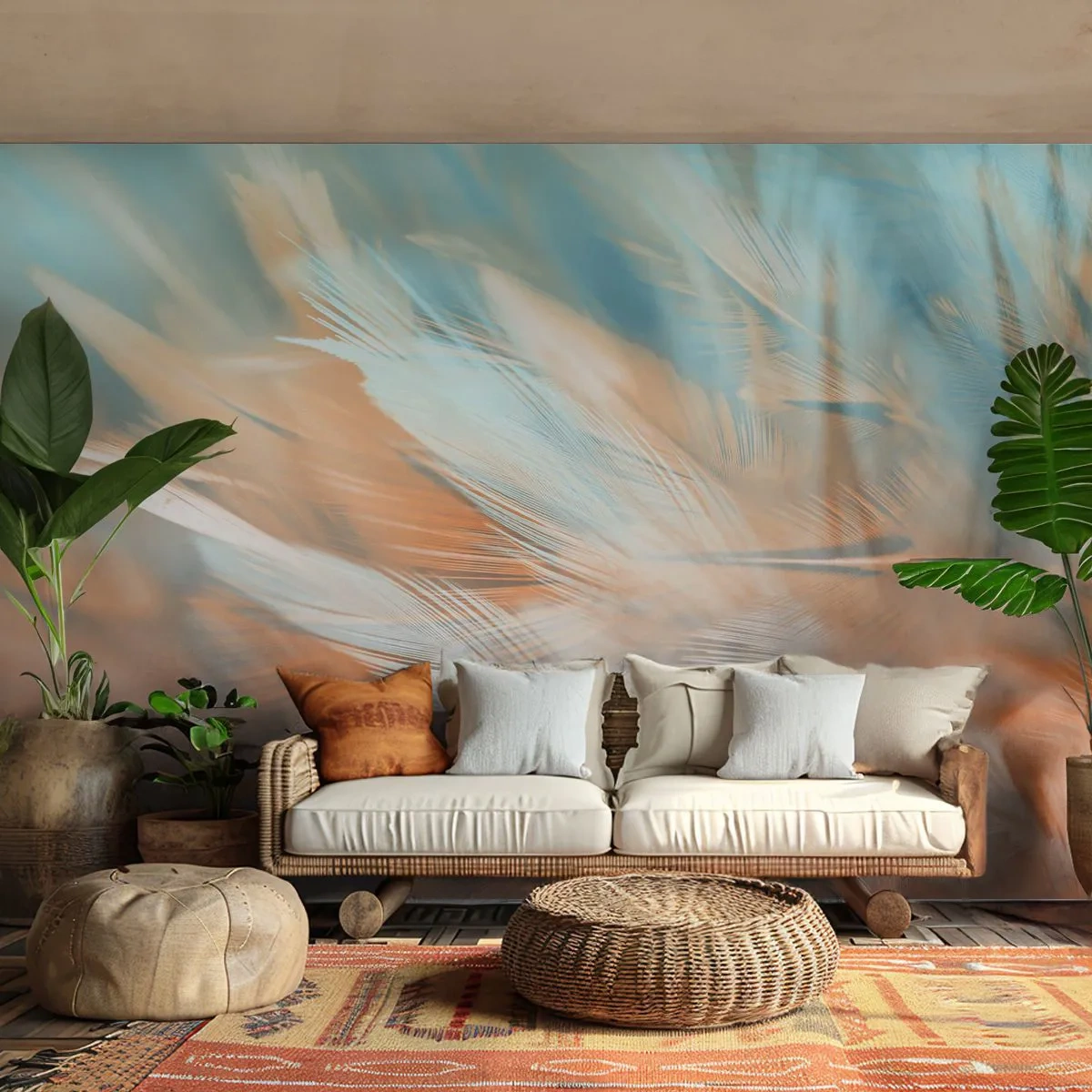 Papier Peint Photo Premium Sand - Plumes délicates dans des tons pastel de bleu et de pêche - 100x70cm - Au pays de la douceur - Décoration murale moderne pour le salon et la chambre ARTTOR