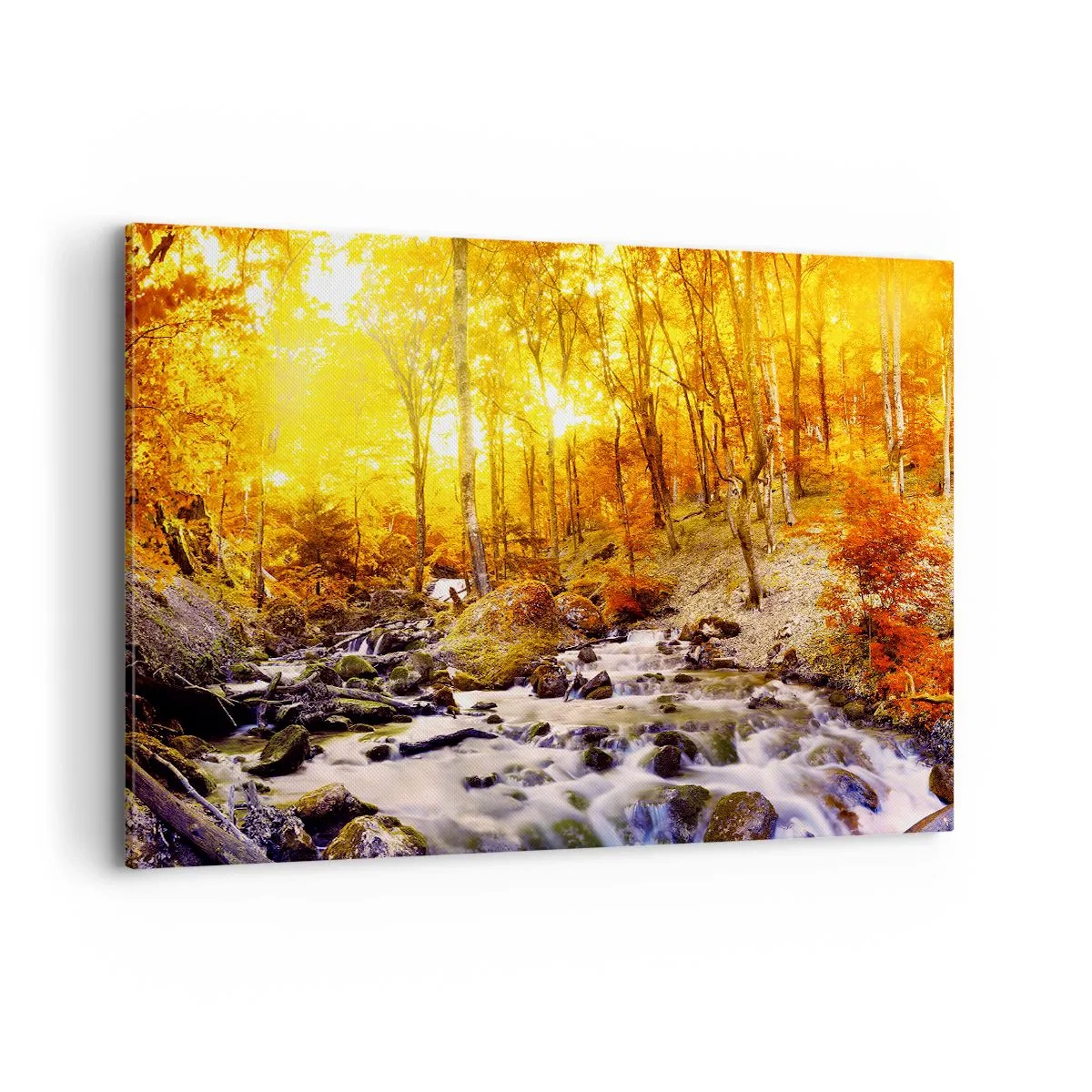 Impression sur toile - Image sur toile - Forêt d'automne avec un ruisseau parmi les feuilles dorées - 120x80cm - Pierres serties d'or et de platine - Décoration murale moderne pour le salon et la chambre ARTTOR