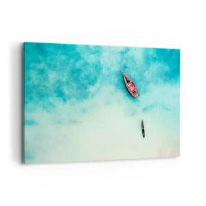 Impression sur toile - Image sur toile - Bateaux sur l'eau turquoise vus à vol d'oiseau - 120x80cm - Car sur les plages de Zanzibar, quand il y a un débordement d'eau... - Décoration murale moderne pour le salon et la chambre ARTTOR