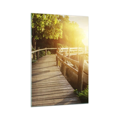 Impression sur verre - Image sur verre - Un pont en bois au milieu de la verdure menant à la mer sous les rayons du soleil - 70x100cm - Un autre tour, un autre miracle - Décoration murale moderne pour le salon et la chambre ARTTOR