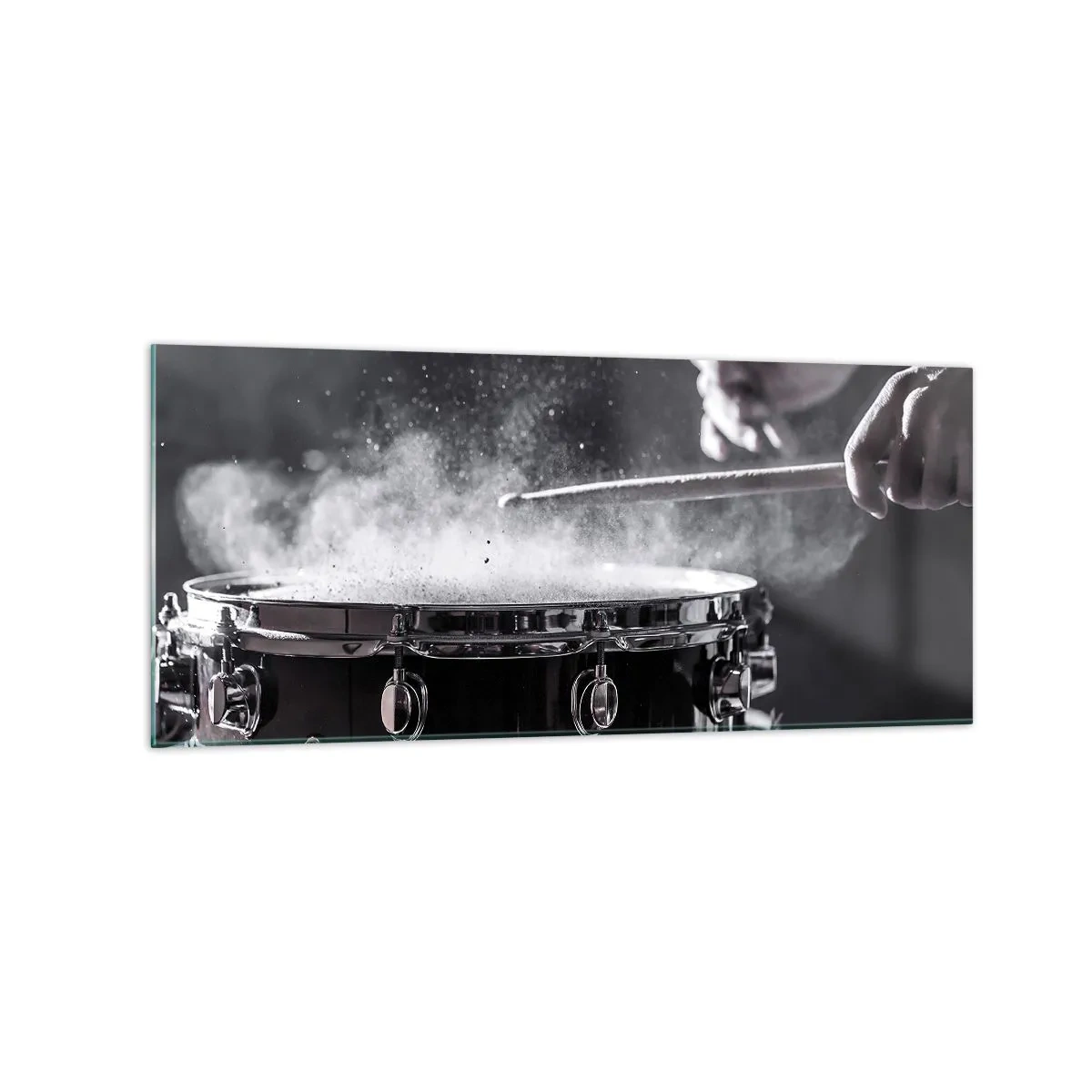 Impression sur verre - Image sur verre - Frapper la caisse claire avec des baguettes avec un effet de poussière - 120x50cm - Tempo de la musique - Décoration murale moderne pour le salon et la chambre ARTTOR