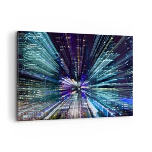Impression sur toile - Image sur toile - Vue dynamique de la ville la nuit avec un effet de lumière - 120x80cm - Transition vers l'hyperespace - Décoration murale moderne pour le salon et la chambre ARTTOR