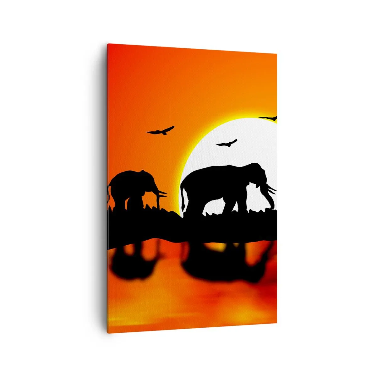 Impression sur toile - Image sur toile - Silhouettes d'éléphants au coucher du soleil sur l'eau avec reflet - 80x120cm - Et le soir pour un petit verre - Décoration murale moderne pour le salon et la chambre ARTTOR