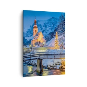 Impression sur toile - Image sur toile - Paysage d'hiver avec une église, un pont et des montagnes au crépuscule - 50x70cm - L'âme du monde - Décoration murale moderne pour le salon et la chambre ARTTOR