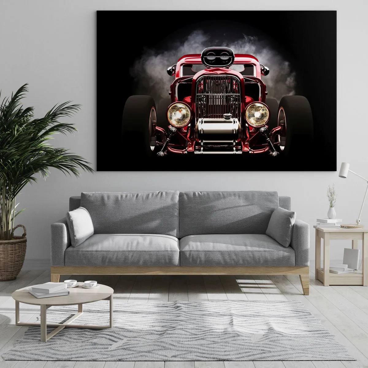 Impression sur verre - Image sur verre - Hot rod rouge dans une épaisse fumée - 120x80cm - Rapide et furieusement beau - Décoration murale moderne pour le salon et la chambre ARTTOR