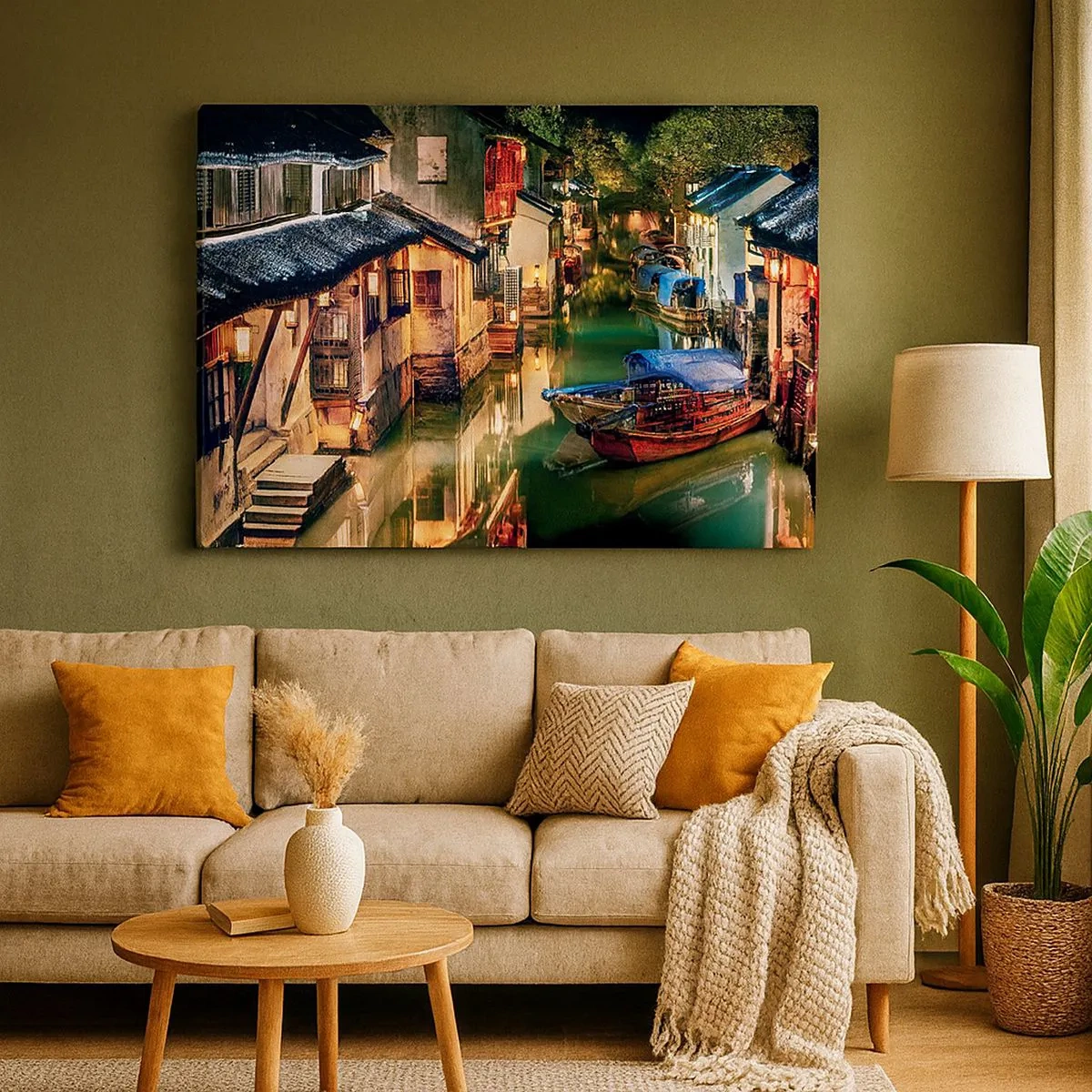 Impression sur toile - Image sur toile - Vue nocturne des canaux avec bateaux et maisons traditionnels - 70x50cm - Soirée dans une rue chinoise - Décoration murale moderne pour le salon et la chambre ARTTOR