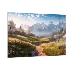 Impression sur verre - Image sur verre - Paysage printanier avec une vallée, des fleurs et des montagnes en arrière-plan le matin - 120x80cm - Vallée idyllique - Décoration murale moderne pour le salon et la chambre ARTTOR