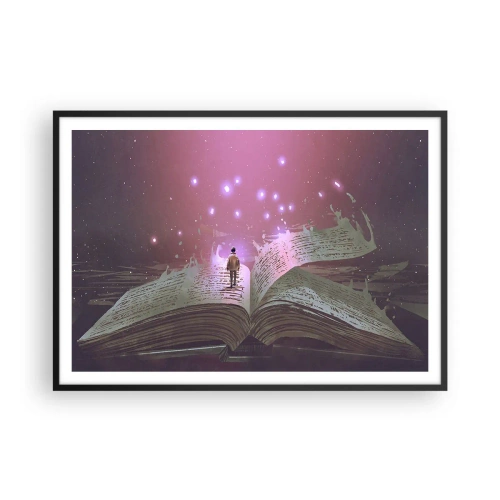 Affiche dans un cadre noir - Poster - Une silhouette marche sur un livre ouvert dans une lumière magique. - 100x70cm - Invitation à un autre monde - lisez ! - Décoration murale moderne pour le salon et la chambre ARTTOR