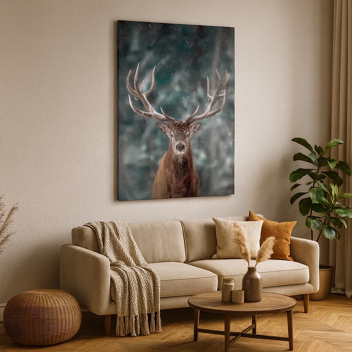 Impression sur toile - Image sur toile - Cerf dans une forêt d'hiver avec de la neige qui tombe - 50x70cm - Roi de la forêt couronné - Décoration murale moderne pour le salon et la chambre ARTTOR
